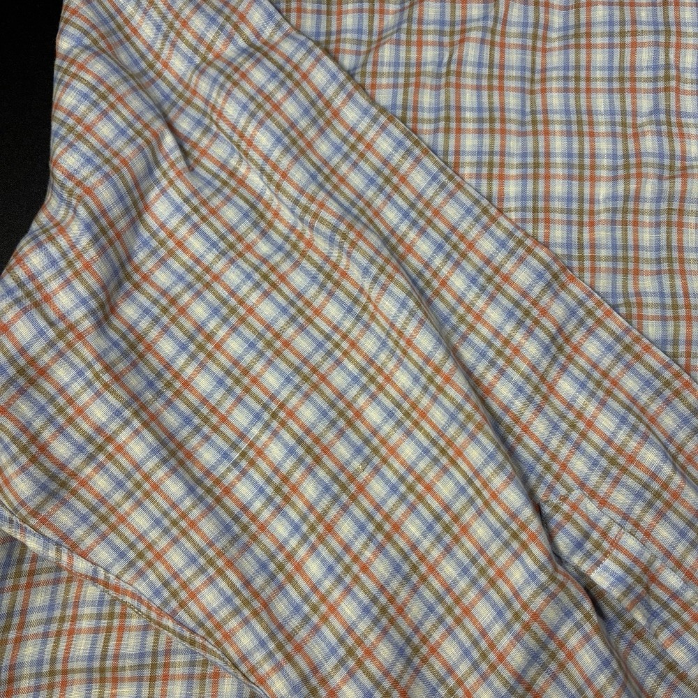 Peter Millar Emil Linen Shirt - Blue Orange Plaid‎ Men's Button-Up Shirt Size XL